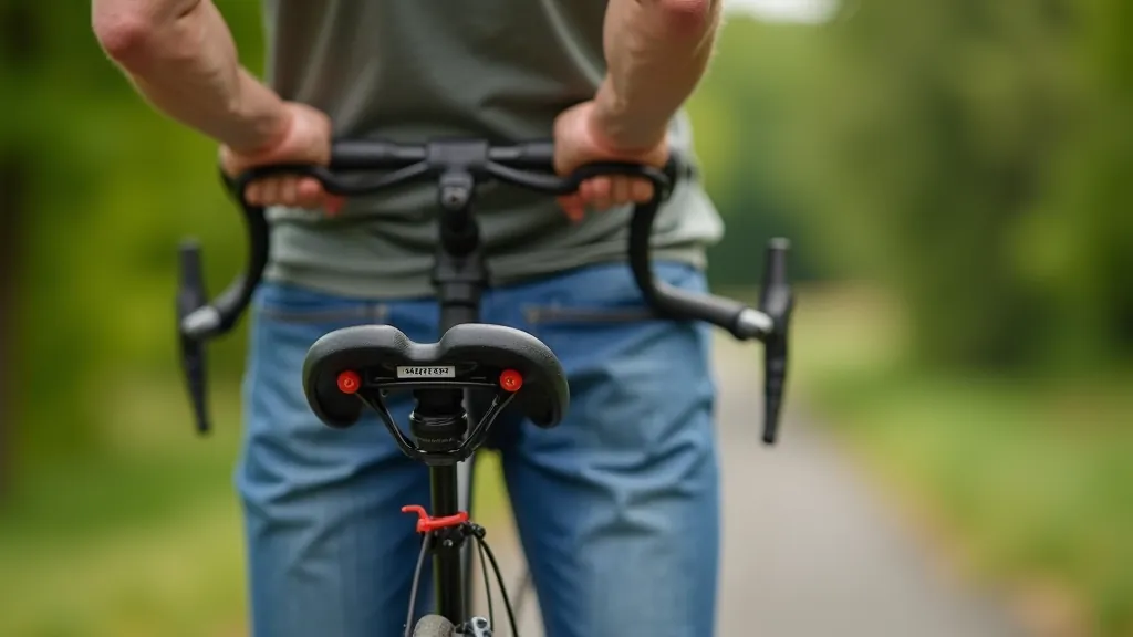 Close-up of a hybrid bike adjusted for senior rider comfort