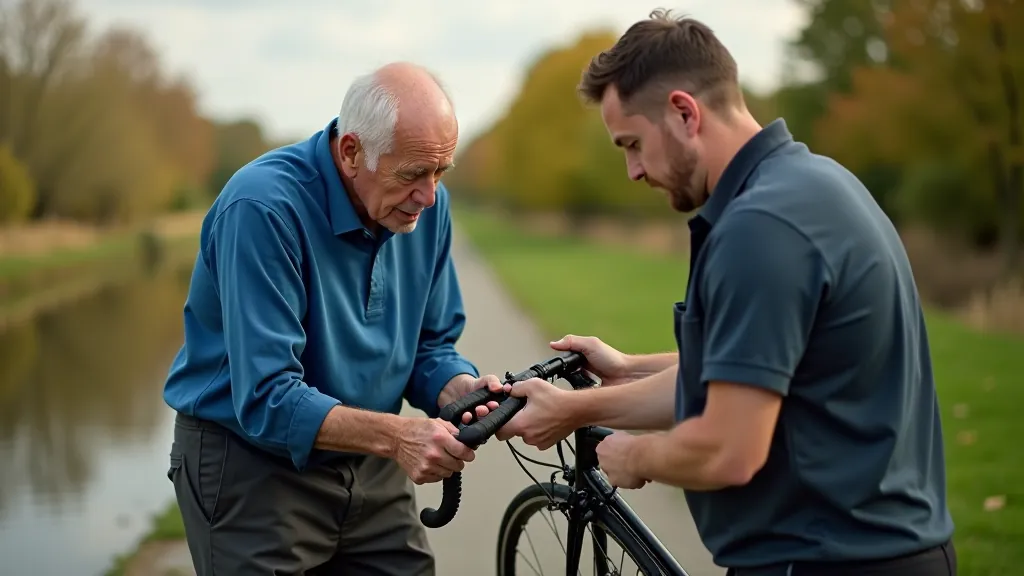 Senior cyclist receiving bike maintenance instruction