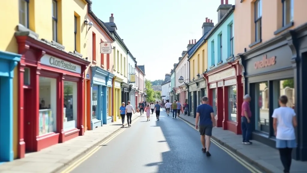 Maynooth village street with shops and cafes, destination stop at end of Royal Canal cycle route