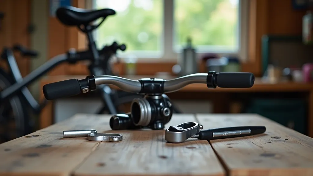 Close-up of bicycle handlebars and saddle with adjustment tools nearby on a workbench