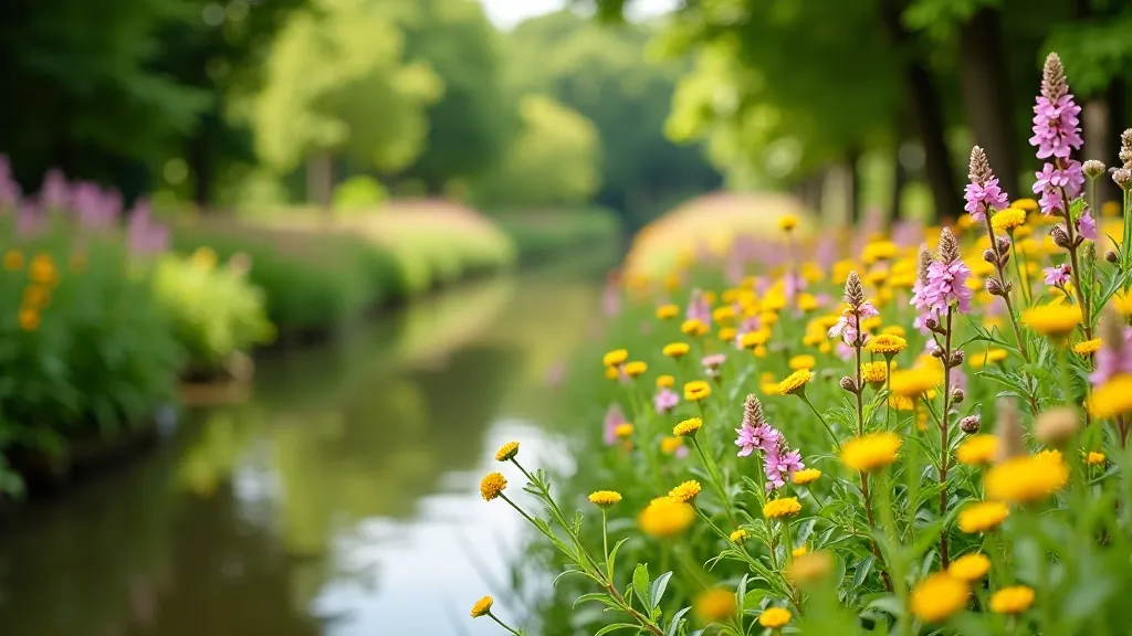 Flowering wildflowers and trees along canal towpath in summer, seasonal beauty of the route