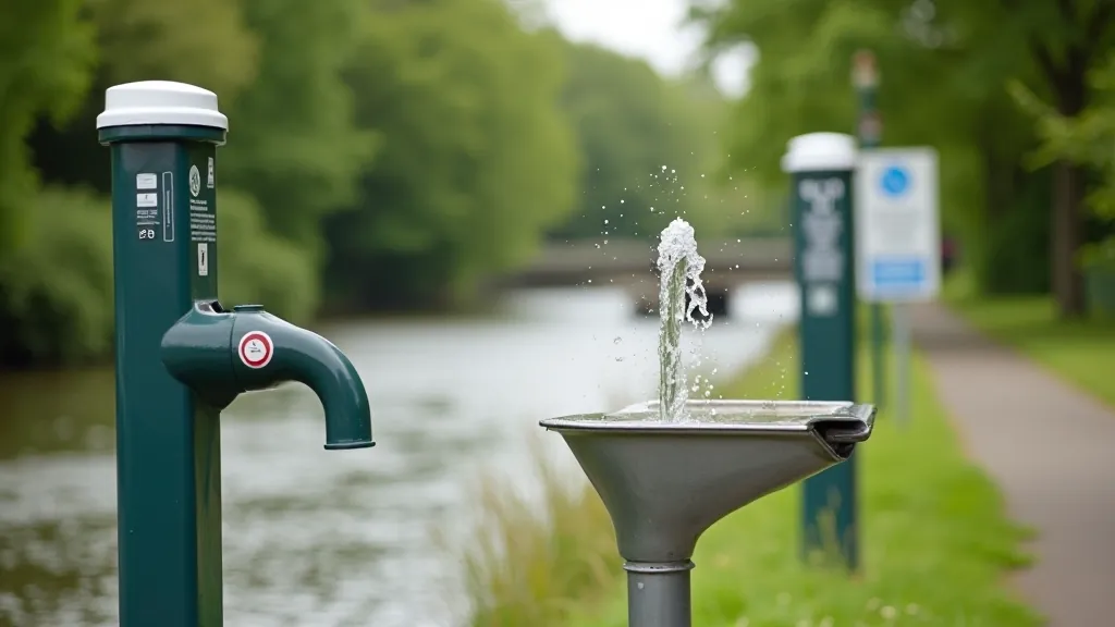 Water fountain and rest area signage at canal stop, amenities available for cyclists along the route