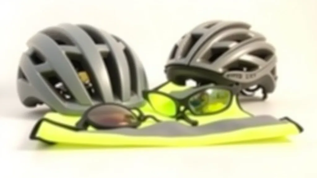 Cycling helmet, safety glasses, and reflective vest arranged on a light background