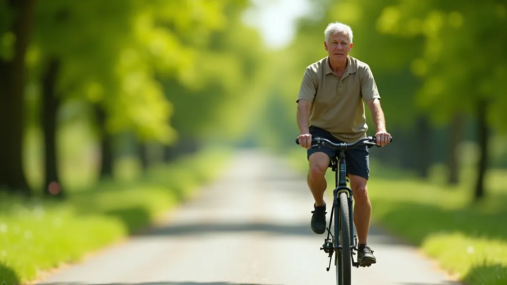 Older cyclist riding on a flat green pathway with trees lining both sides
