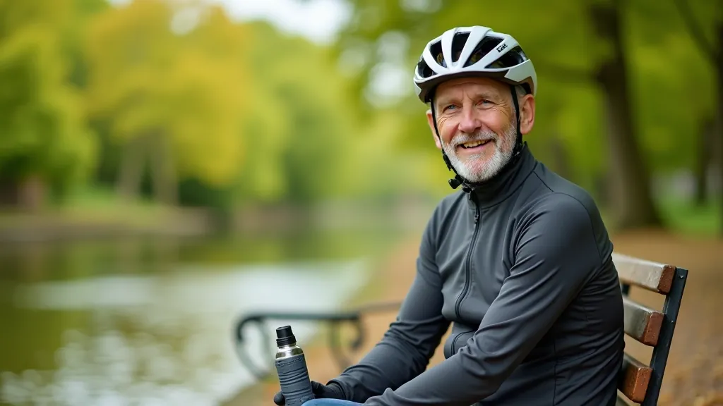 A cyclist resting at a scenic stop along the canal with water bottle and snack, taking time to recover during a long ride