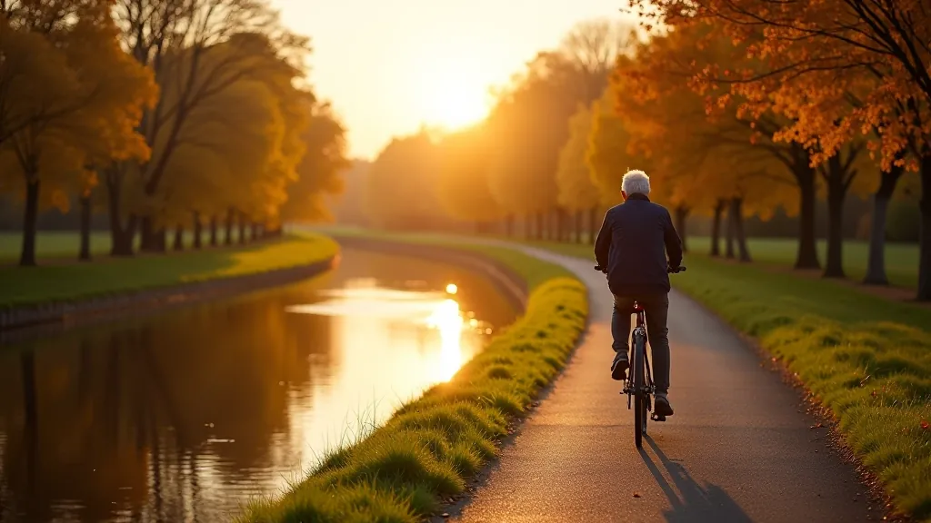Peaceful morning scene on the Royal Canal with autumn foliage, ideal cycling conditions for senior riders