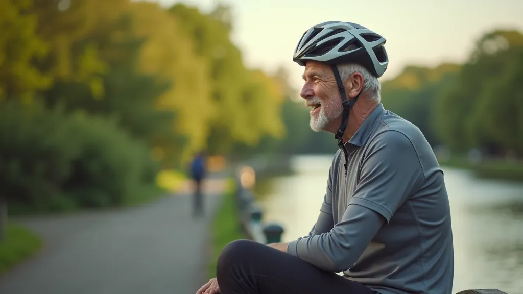Cyclist resting at a canal stop with water visible and trees in background, peaceful break spot along Royal Canal route